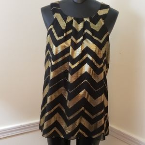 NWT Iz Byer Black/Gold Sheer Chevron Stripe Tunic